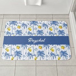 Alfombrilla De Baño Blue Toile Palm Trees Lemons Monogram Name