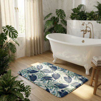 Alfombrilla De Baño Blue Tropical Botanical Leaf Pattern – Elegant 