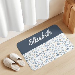 Alfombrilla De Baño Blue Watercolor Botanical Pattern Custom Name