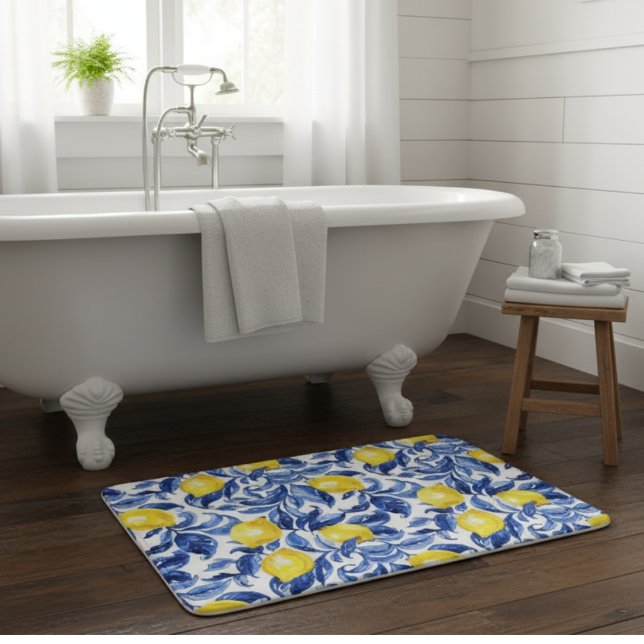 Alfombrilla De Baño Blue Watercolor Lemon Pattern  (Subido por el creador)