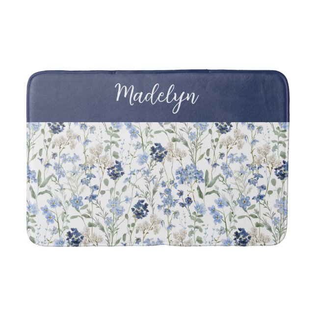Alfombrilla De Baño Blue Watercolor Wildflower Monogram Name (Anverso)
