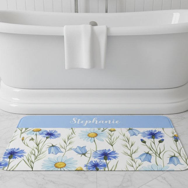 Alfombrilla De Baño Blue Watercolor Wildflower Personalized (Subido por el creador)
