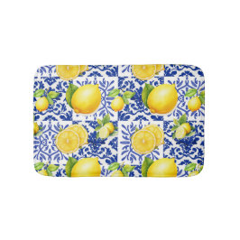 Alfombrilla De Baño Blue White Lemon Tile Pattern Mediterranean Citrus