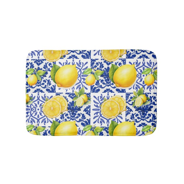 Alfombrilla De Baño Blue White Lemon Tile Pattern Mediterranean Citrus (Anverso)