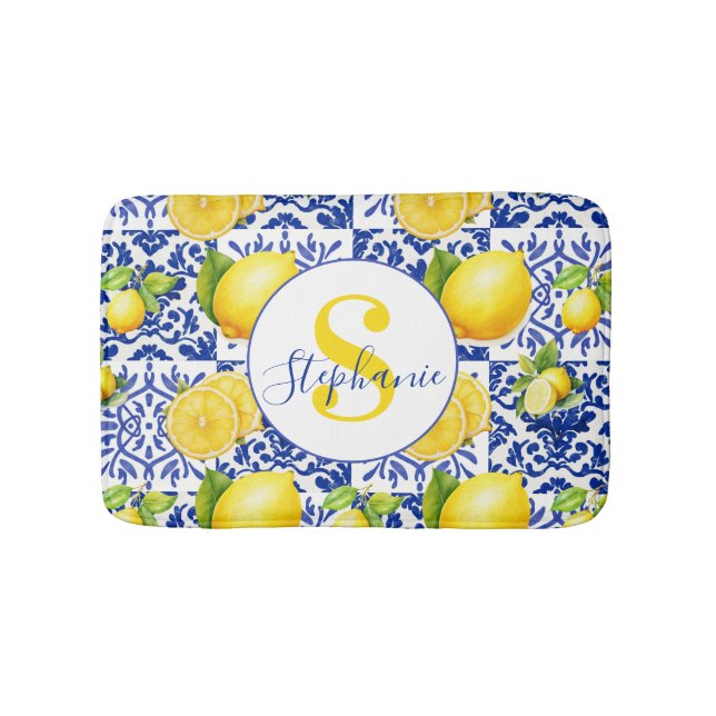 Alfombrilla De Baño Blue White Lemon Tile Pattern Name Monogram Citrus (Anverso)