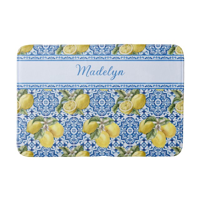Alfombrilla De Baño Blue White Tile Lemon Mediterranean Pattern Name (Anverso)