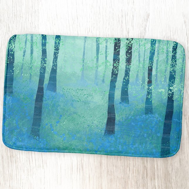 Alfombrilla De Baño Bluebell Woodland Resumen de arte (Bluebell forest abstract blue green bath mat)