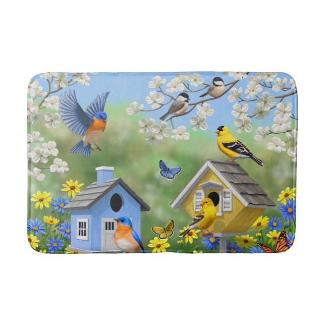 Alfombrilla De Baño Bluebirds Goldfinches Birdhouses Flower Garden (Anverso)