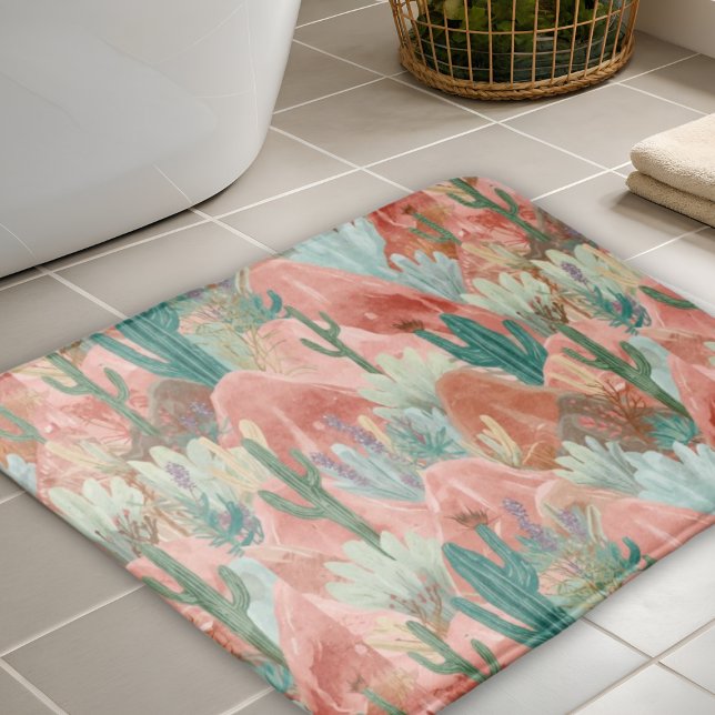 Alfombrilla De Baño Blush Desert Bloom Watercolor Garden (Blush desert bath mat with watercolor cacti, terracotta canyons, and soft sage green desert blooms.)