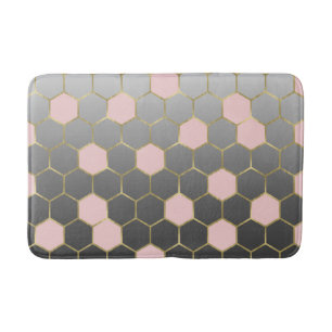 Alfombrilla De Baño Blush Rosa Gris y Dorado Hexágono Glam Moderno