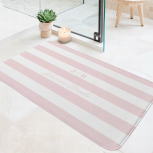 Alfombrilla De Baño Blush Rosa y Blanco Rayas Anchas Monograma Nombre