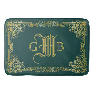 Alfombrilla De Baño Boda Monograma clásico Marco dorado Verde oscuro