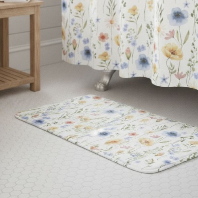 Alfombrilla De Baño Boho Blue Yellow Pink Wildflower Watercolor (Subido por el creador)