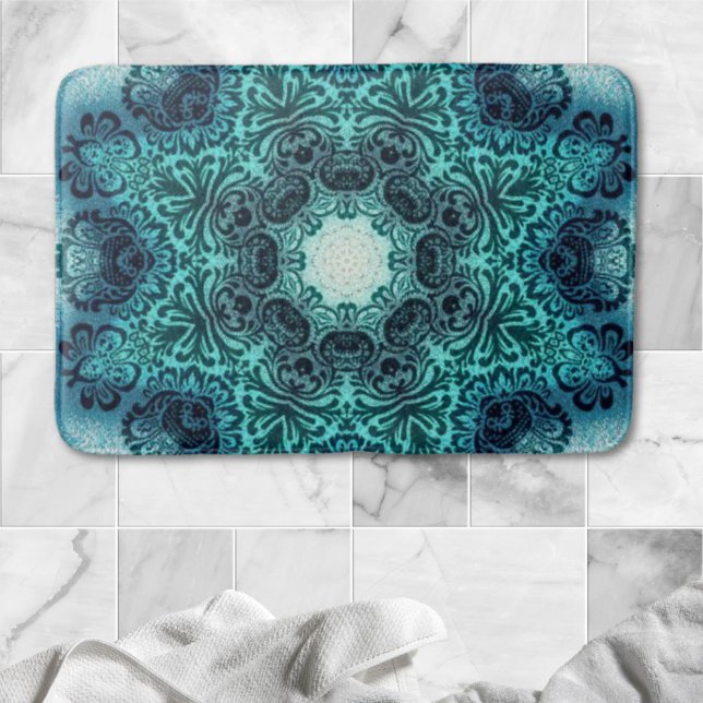 Alfombrilla De Baño Boho floral paisajista turquesa mandala verde azul (Boho floral paisley turquoise teal mandala damask bath mat)
