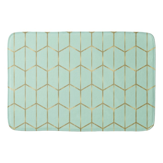 Alfombrilla De Baño Boho Mint Green Hexagon Gold & Geometric Glam (Anverso)