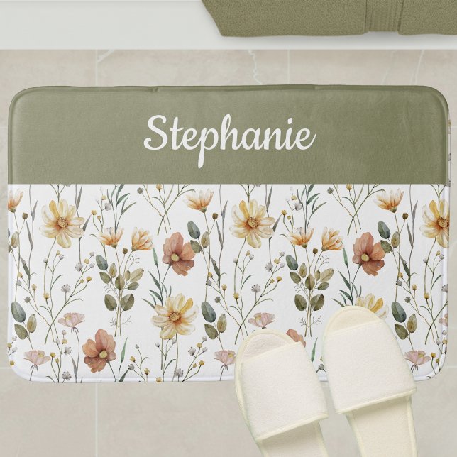 Alfombrilla De Baño Boho Sage Green Watercolor Wildflower Monogram (Subido por el creador)