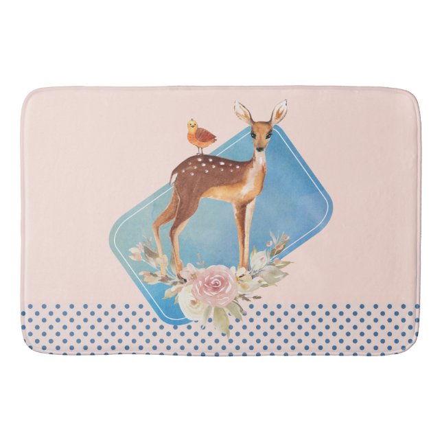 Alfombrilla De Baño Bonito Brown Fawn con pájaro y Rosas (Anverso)