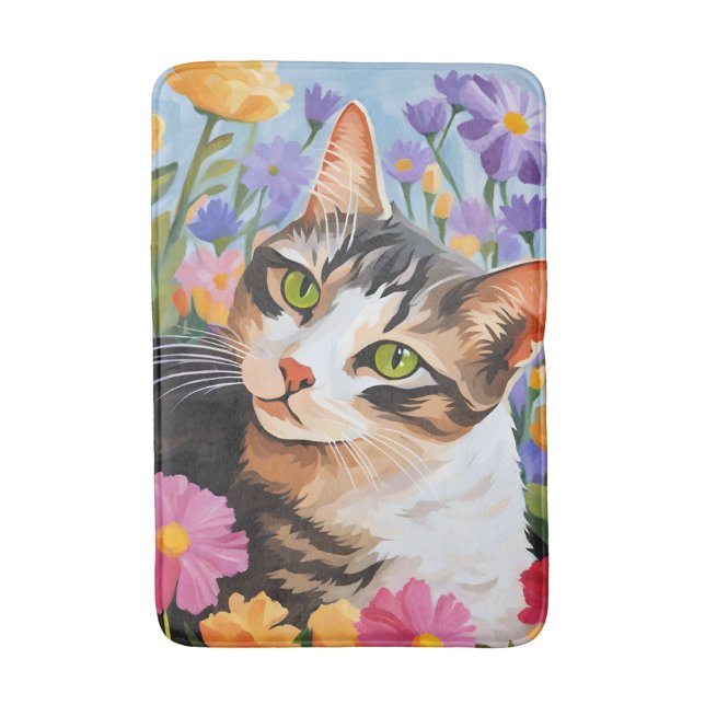 Alfombrilla De Baño Bonito gato con flores (Frente vertical)