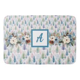 Alfombrilla De Baño Bosque de árboles de invierno con flores azules