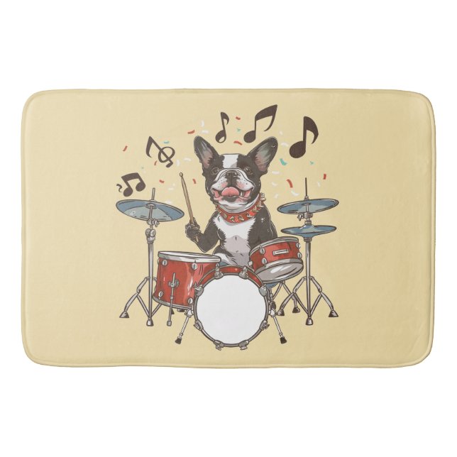 Alfombrilla De Baño Boston Terrier Dog Playing Drums (Anverso)