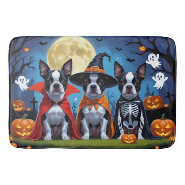 Alfombrilla De Baño Boston Terrier Dogs Calabaza Halloween Funny (Anverso)