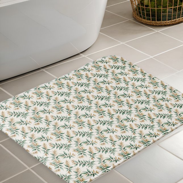 Alfombrilla De Baño Botanical Foliage Green Golden Leaf Pattern (A stylish bath mat in green, cream and rust, with botanical foliage pattern)