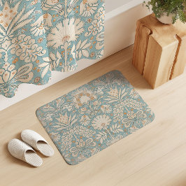 Alfombrilla De Baño Botánico Damasco Crema Aqua Azul Óxido Naranja Ama