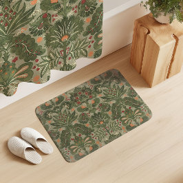 Alfombrilla De Baño Botánico Damasco Oliva Verde Rojo Naranja