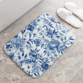 Alfombrilla De Baño Botánico Floral Acuarela Chinoiserie Azul