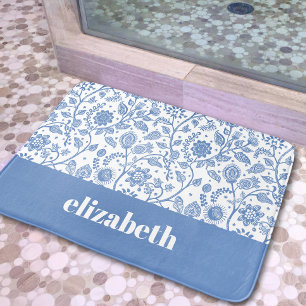 Alfombrilla De Baño Botánico floral azul y blanco nombre personalizado