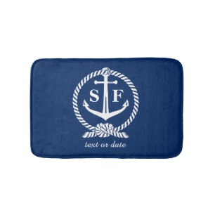 Alfombrilla De Baño Bote de playa de Ancla Azul Nautical Monograma Clá