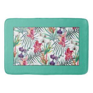 Alfombrilla De Baño Brillante patrón floral tropical con borde Aqua