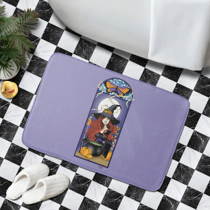 Alfombrilla De Baño Bruja de Otoño Art Nouveau Calabazas Luna Púrpura