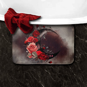 Alfombrilla De Baño Brujería   Luna Crescent con rosas rojas góticas
