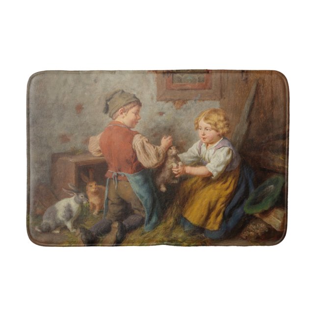 Alfombrilla De Baño Buenos Amigos (Jóvenes Jugando Con Conejo Mascota) (Anverso)