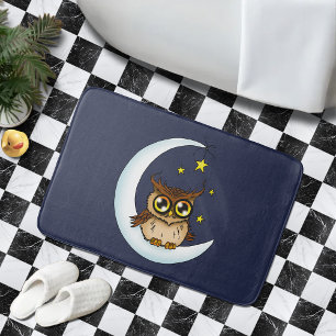 Alfombrilla De Baño Búho Marrón Mono Luna Estrellas Azul