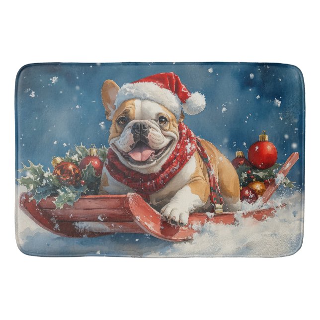 Alfombrilla De Baño Bulldog en Sledge Let it Snow Navidades (Anverso)