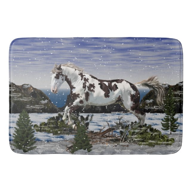 Alfombrilla De Baño Caballo de castaño y pintura blanca en nieve (Anverso)