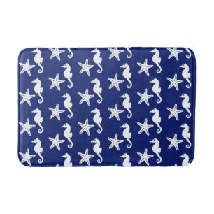 Alfombrilla De Baño Caballo de mar y pez estrella - azul marino y blan