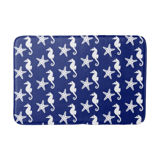Alfombrilla De Baño Caballo de mar y pez estrella - azul marino y blan (Anverso)