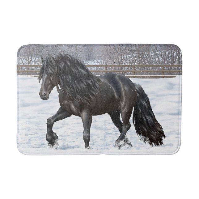 Alfombrilla De Baño Caballo Friesiano Negro Borrador En Nieve (Anverso)