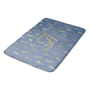 Alfombrilla De Baño Caballos de mar Monogramados Decoración Dorado Azu