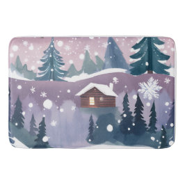 Alfombrilla De Baño Cabaña de nieve en acuarela de invierno