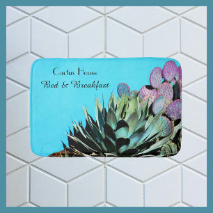Alfombrilla De Baño Cactus agave y pricky Pear en la pared turquesa