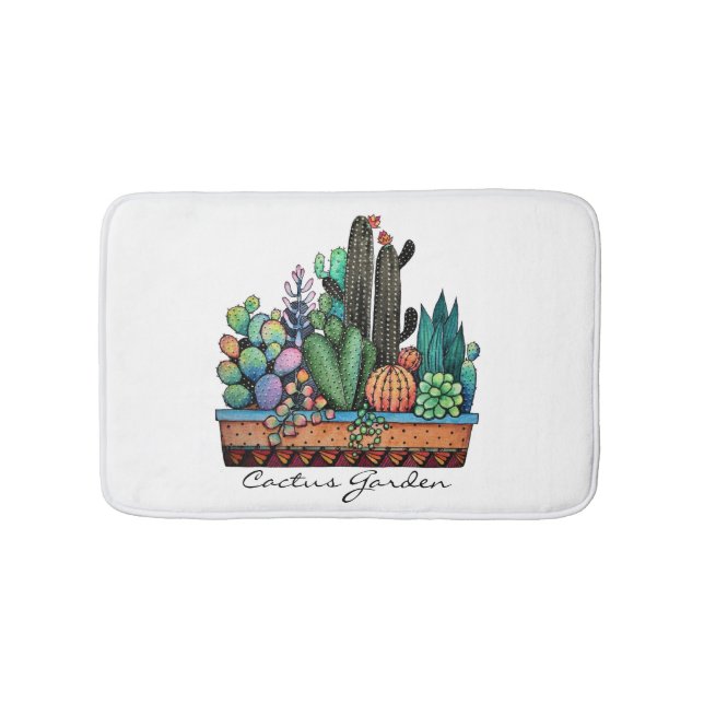 Alfombrilla De Baño Cactus Garden Cute Watercolor En Pot (Anverso)