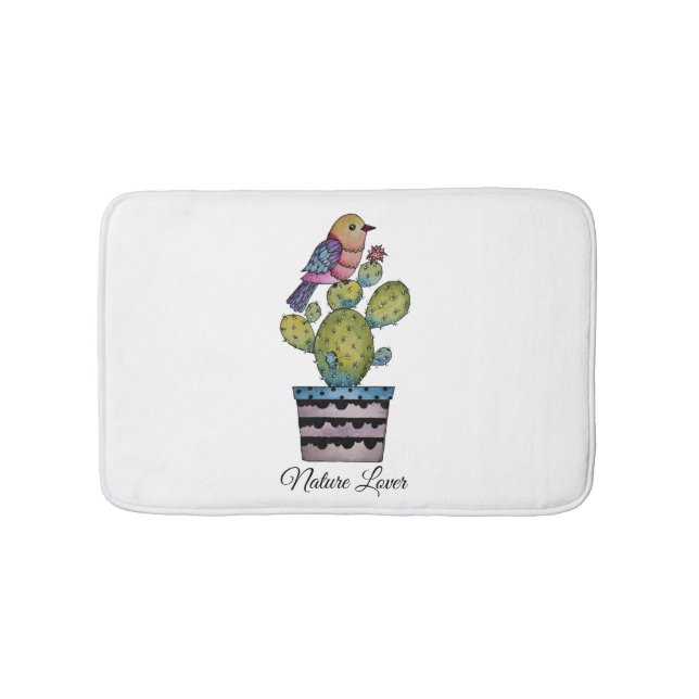 Alfombrilla De Baño Cactus Y Ave Arcoiris En Acuarela (Anverso)
