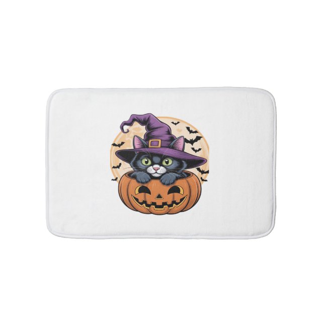 Alfombrilla De Baño Calabaza de Halloween Gato negro camiseta sobredim (Anverso)