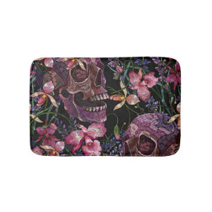 Alfombrilla De Baño Calavera bordada: Patrón de orquídeas góticas