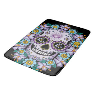 Alfombrilla De Baño Calavera de azúcar morado con flores