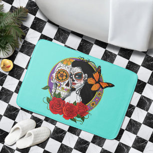 Alfombrilla De Baño Calaveras Elegantes de Azúcar Rosas Rojas Monarca